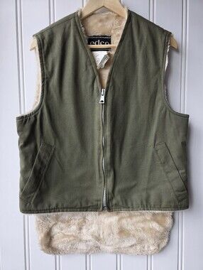 Vintage Edco Sherpa Lined Military Utilty Green Zip Up Vest Mens Small